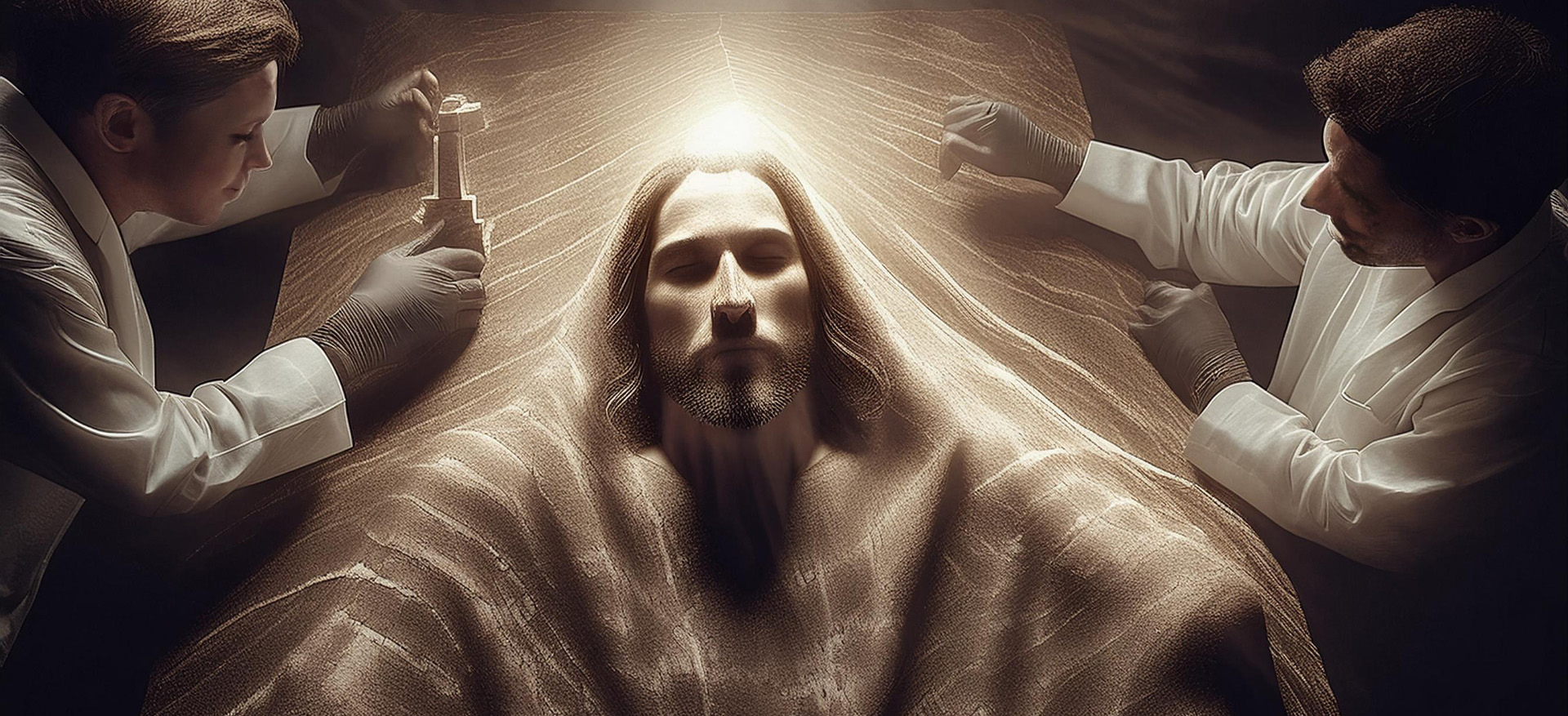 Closup of Holy Shroud behing glass